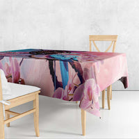 Pink orchid tablecloth with large floral print and scalloped corner drape