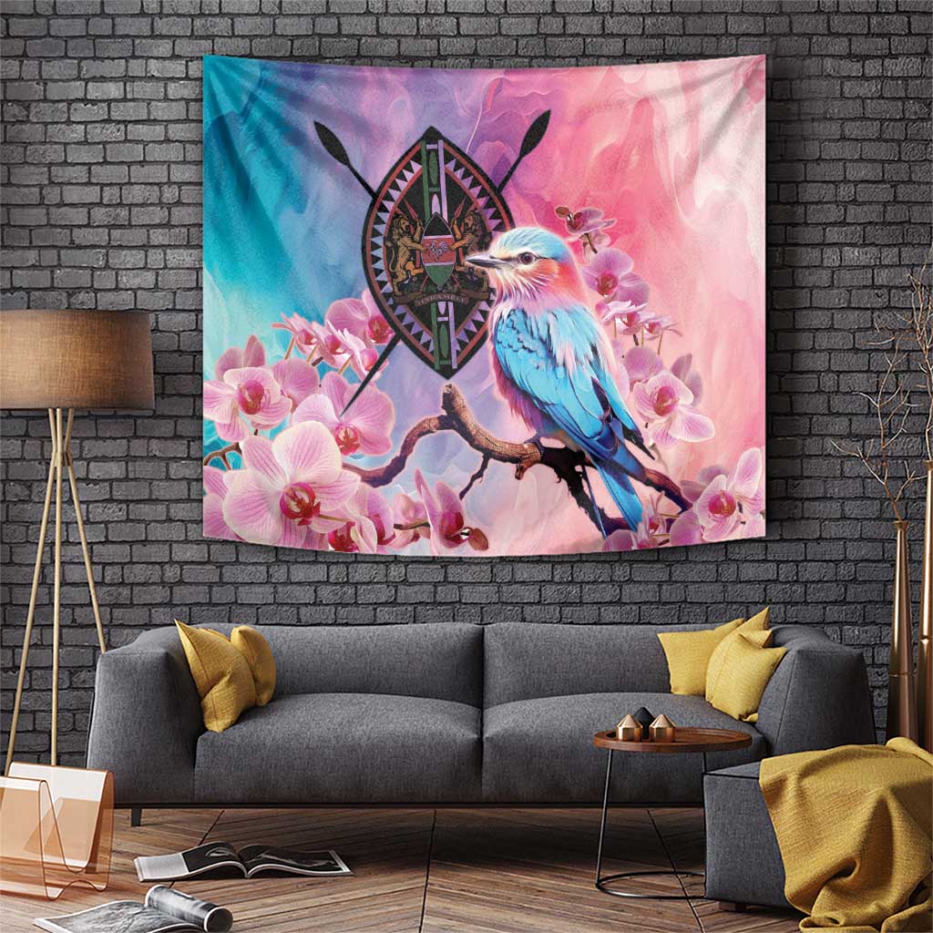 Orchid pink tapestry featuring a blue bird perched on a branch with floral accents