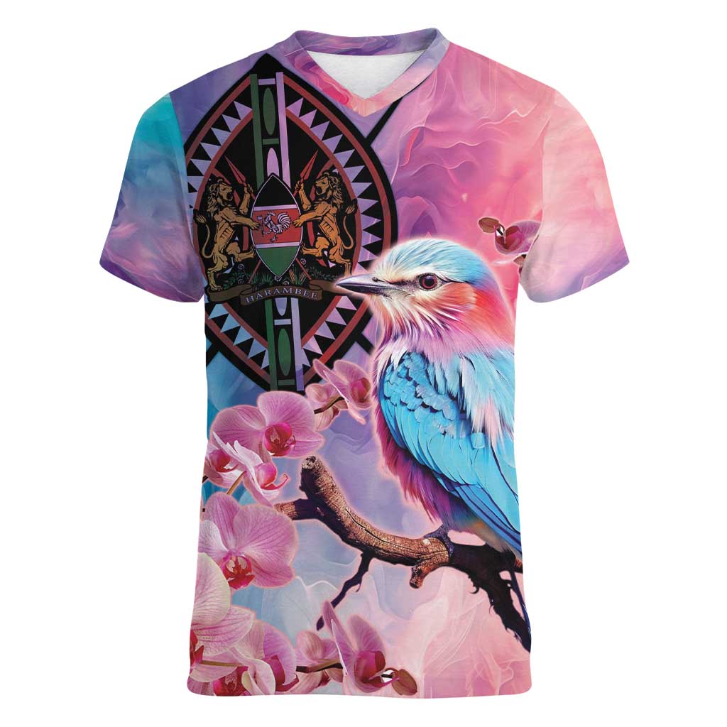 Kenya Lilac-Breasted Roller Women V-Neck T-Shirt Coat Of Arms Mix Orchid - Wonder Print Shop