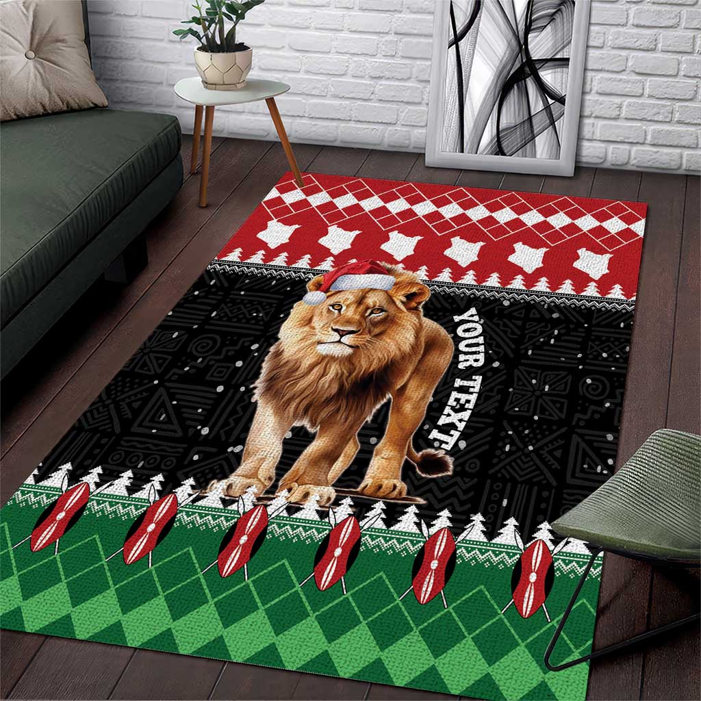 Christmas area rug with lion in Santa hat, black base with “YOUR TEXAS”, red and green