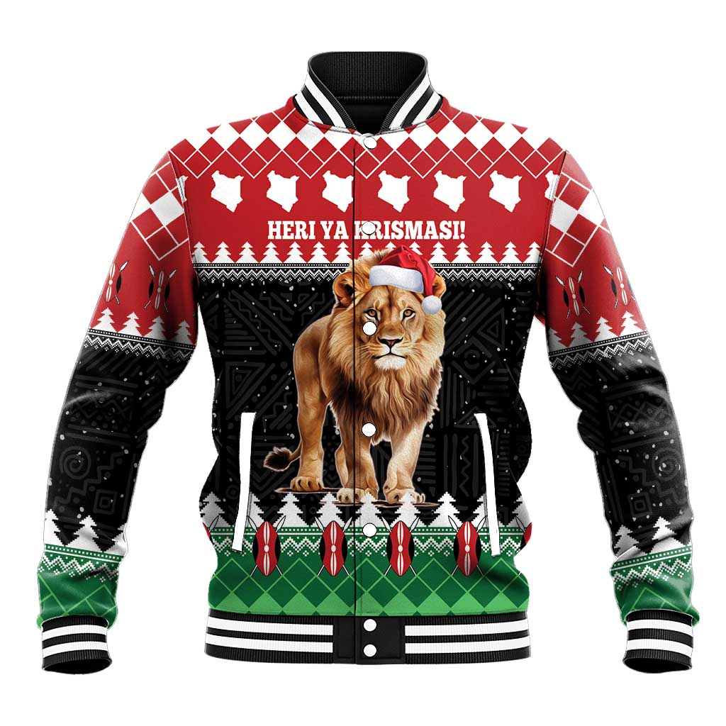Red Christmas baseball jacket with lion wearing Santa hat, festive pattern front