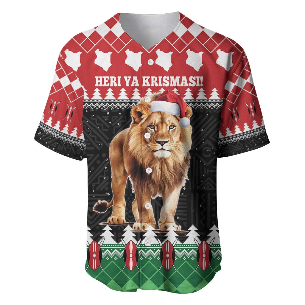 Red and black Christmas baseball jersey with lion wearing Santa hat graphic