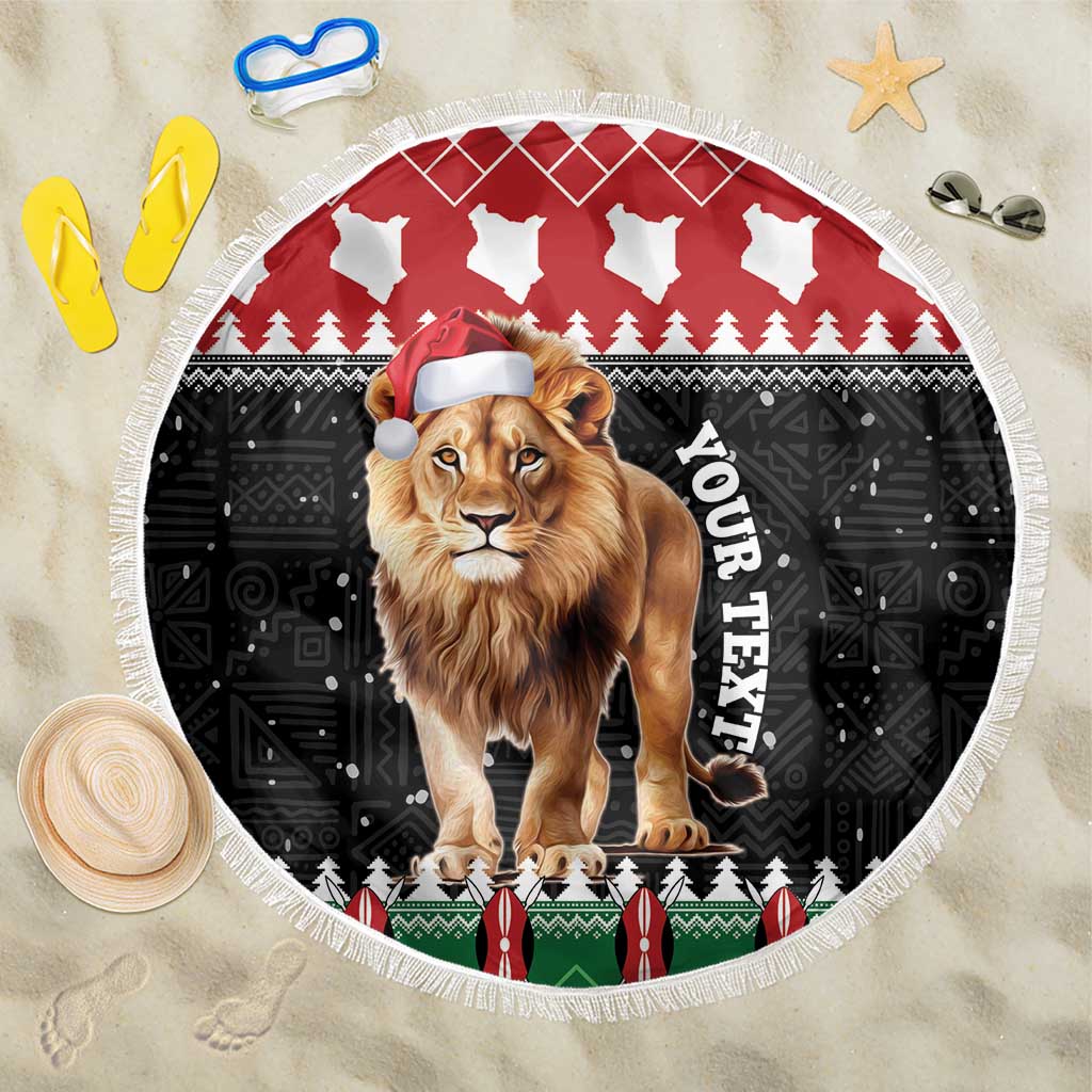 Round beach blanket with fringed edge, red and black lion with Santa hat and snow pattern