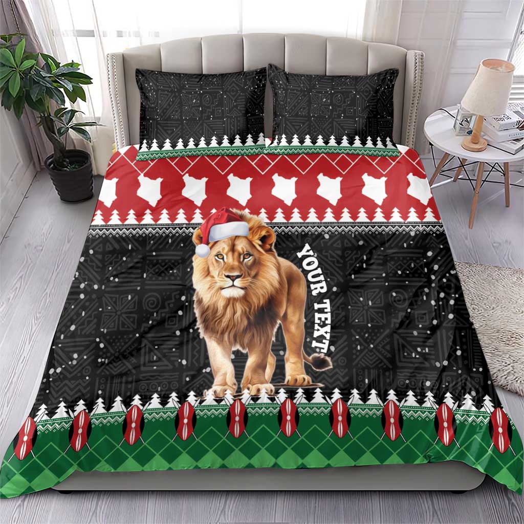 Christmas duvet set with lion Santa print, black base and red-green festive border