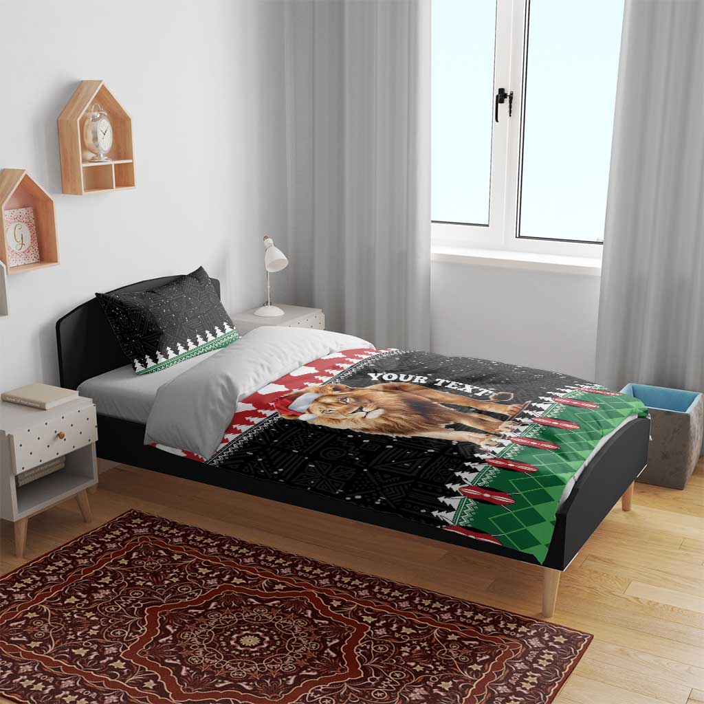 Christmas duvet cover with lion Santa and pine-tree border, black background with green red accents