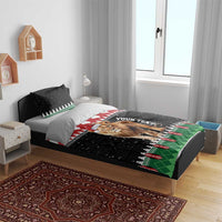 Christmas duvet cover with lion Santa and pine-tree border, black background with green red accents