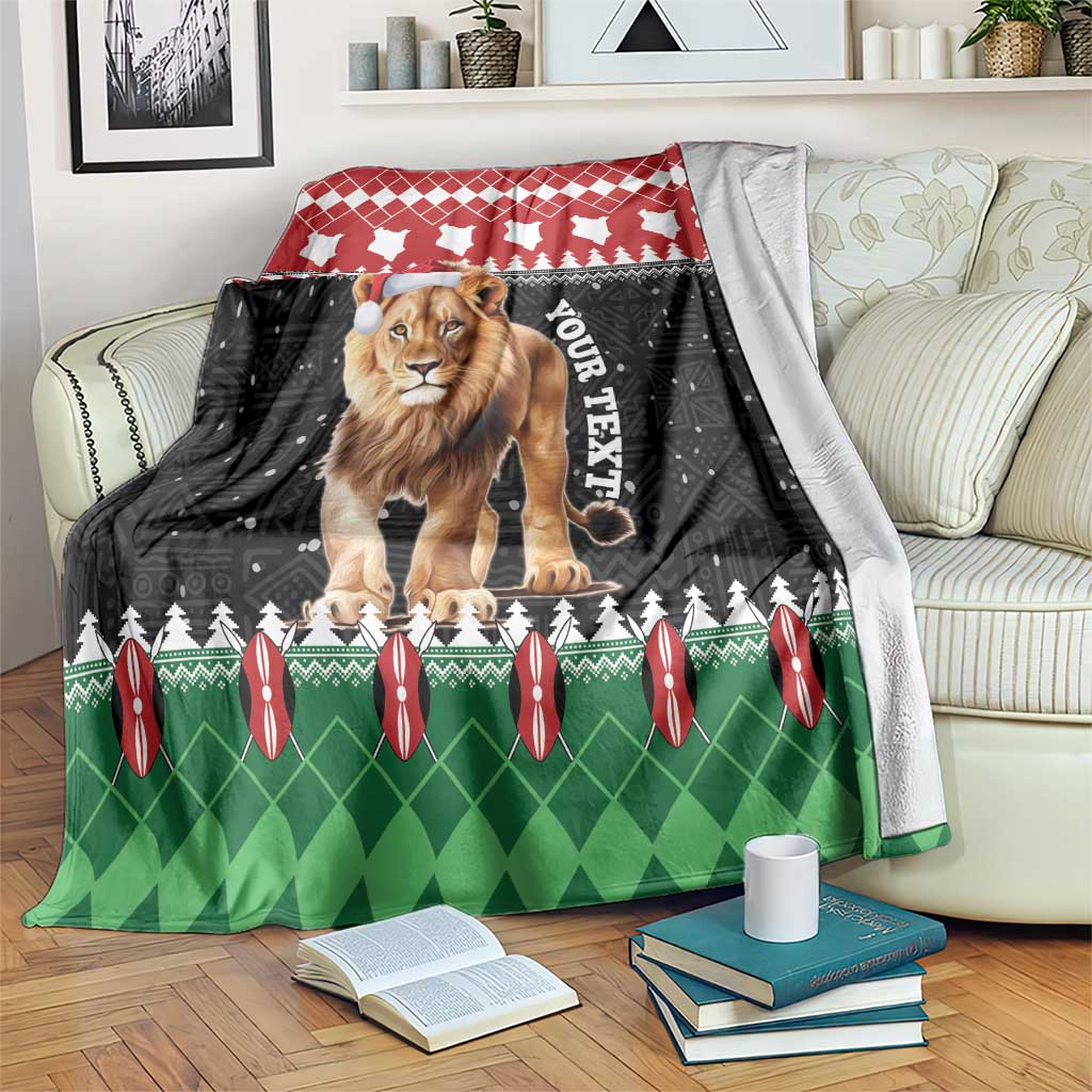 Personalized lion Christmas blanket with Santa hat, red/black/green pattern and text area