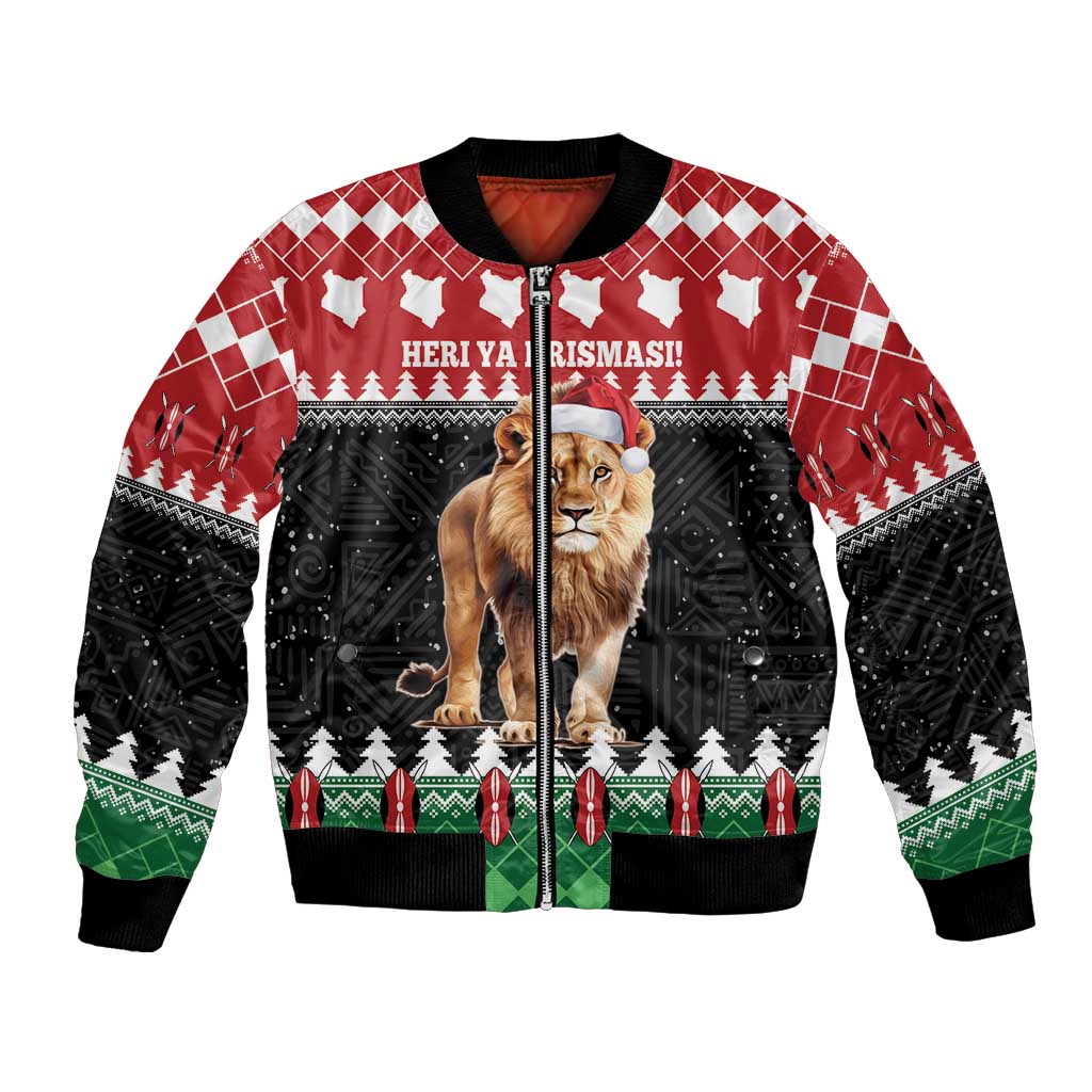 Unisex Christmas bomber jacket with lion wearing Santa hat, red black festive print