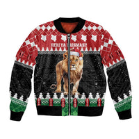 Unisex Christmas bomber jacket with lion wearing Santa hat, red black festive print