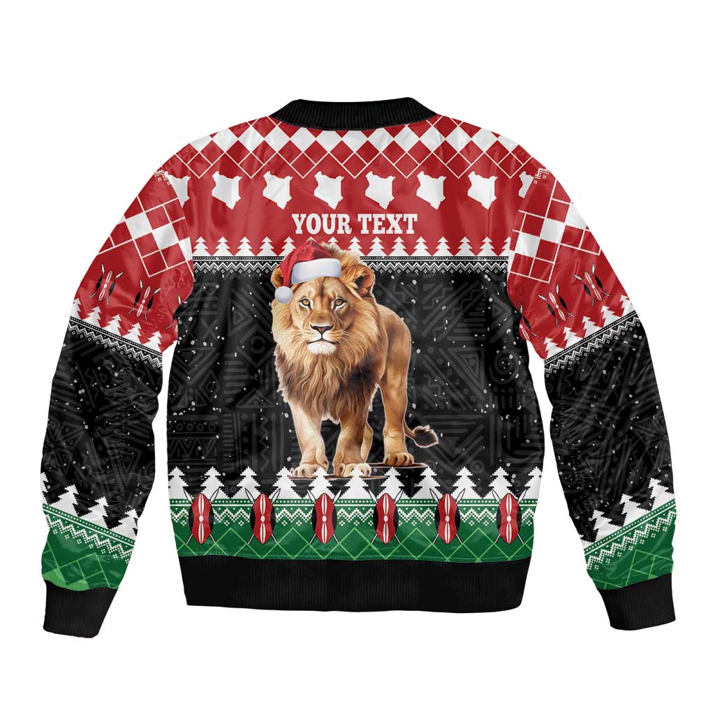 Unisex Christmas bomber jacket with lion and “YOUR TEXT” graphic, red and black print