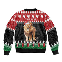 Unisex Christmas bomber jacket with lion and “YOUR TEXT” graphic, red and black print