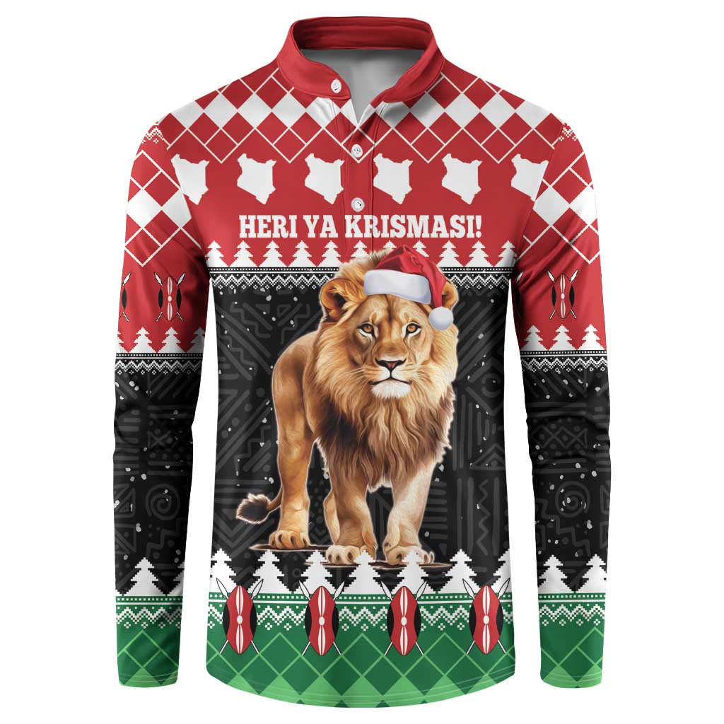 Red button sweatshirt with lion wearing Santa hat and festive patterned front.