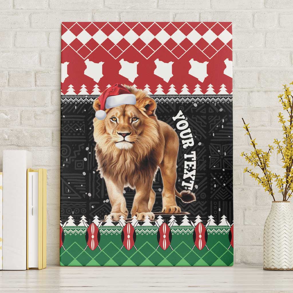 Personalized canvas wall art of a lion wearing a red Santa hat with holiday pattern