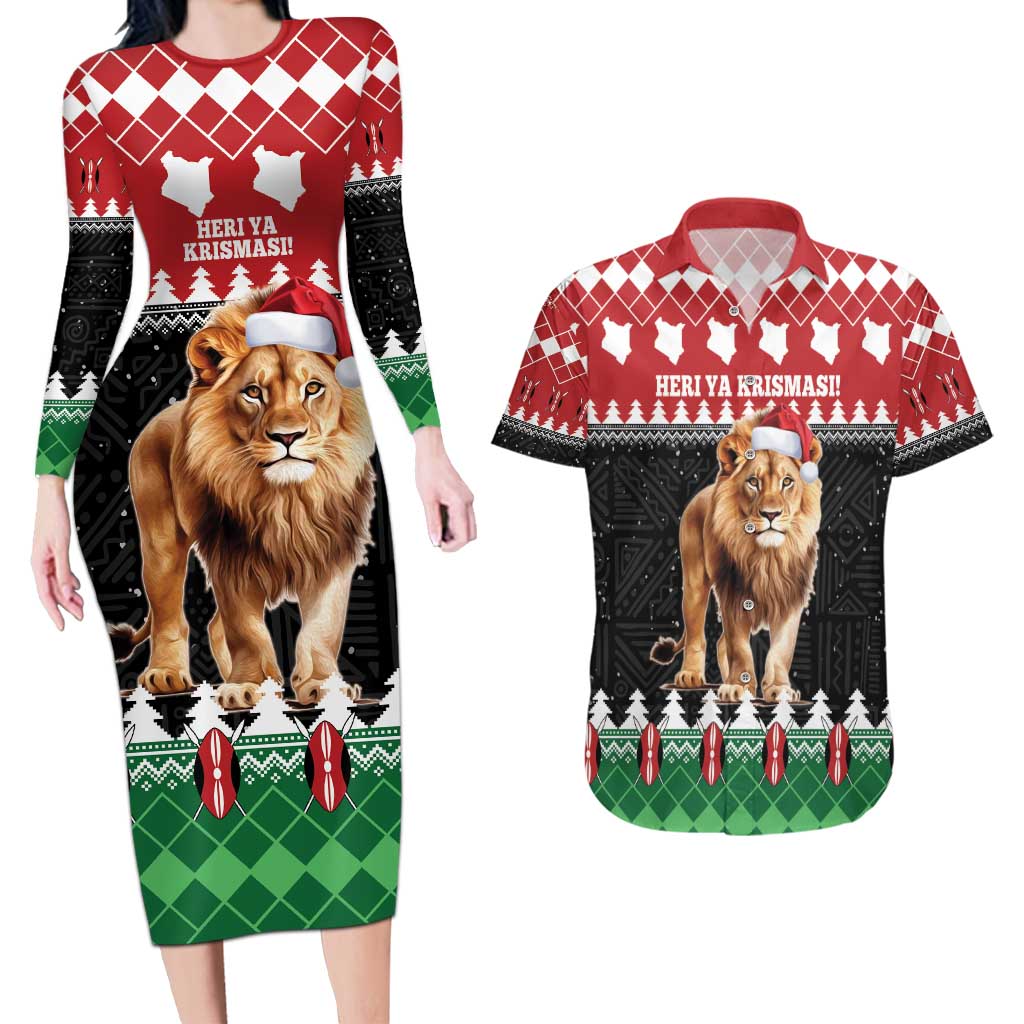 Personalized Kenya Christmas Couples Matching Long Sleeve Bodycon Dress and Hawaiian Shirt Lion Santa - Heri Ya Krismasi! - Wonder Print Shop