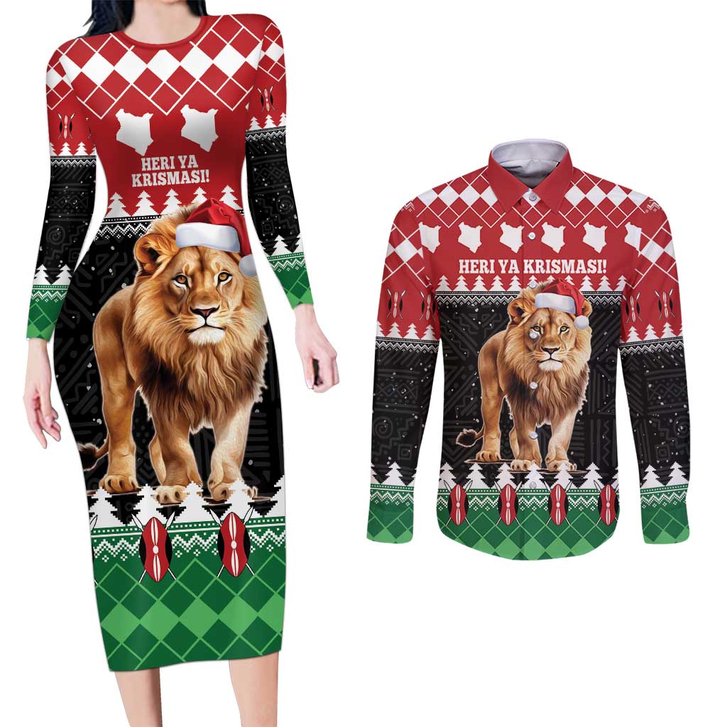 Personalized Kenya Christmas Couples Matching Long Sleeve Bodycon Dress and Long Sleeve Button Shirt Lion Santa - Heri Ya Krismasi! - Wonder Print Shop