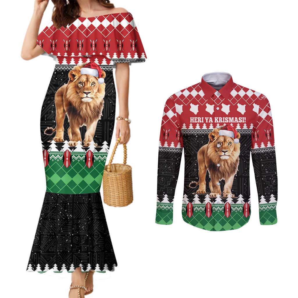 Personalized Kenya Christmas Couples Matching Mermaid Dress and Long Sleeve Button Shirt Lion Santa - Heri Ya Krismasi!