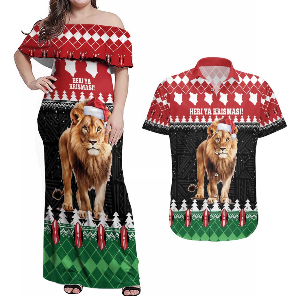 Personalized Kenya Christmas Couples Matching Off Shoulder Maxi Dress and Hawaiian Shirt Lion Santa - Heri Ya Krismasi! - Wonder Print Shop