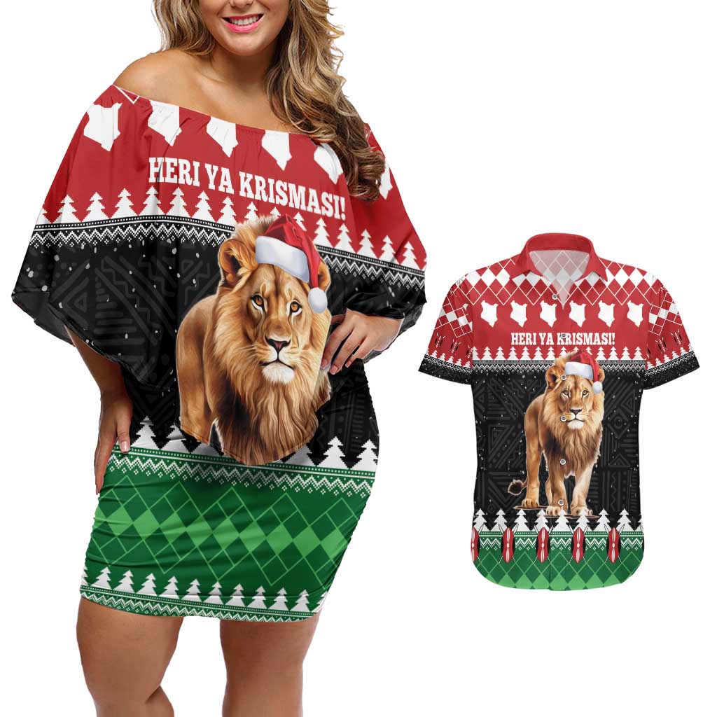 Personalized Kenya Christmas Couples Matching Off Shoulder Short Dress and Hawaiian Shirt Lion Santa - Heri Ya Krismasi! - Wonder Print Shop