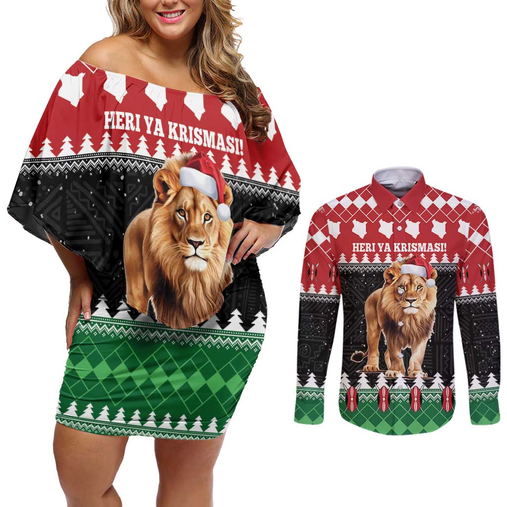 Personalized Kenya Christmas Couples Matching Off Shoulder Short Dress and Long Sleeve Button Shirt Lion Santa - Heri Ya Krismasi! - Wonder Print Shop