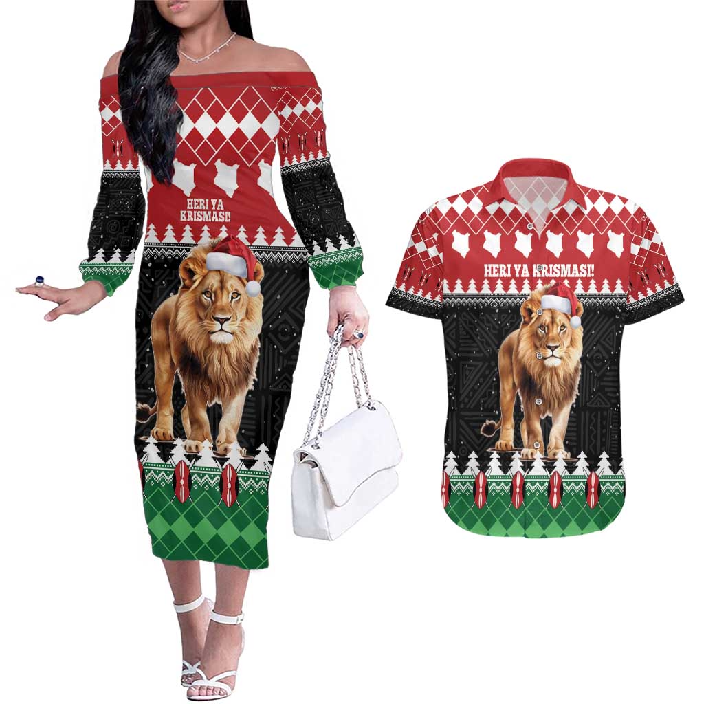 Personalized Kenya Christmas Couples Matching Off The Shoulder Long Sleeve Dress and Hawaiian Shirt Lion Santa - Heri Ya Krismasi! - Wonder Print Shop