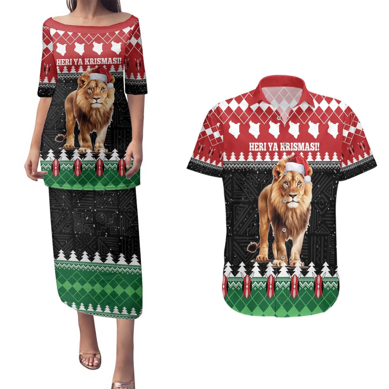 Personalized Kenya Christmas Couples Matching Puletasi and Hawaiian Shirt Lion Santa - Heri Ya Krismasi! - Wonder Print Shop