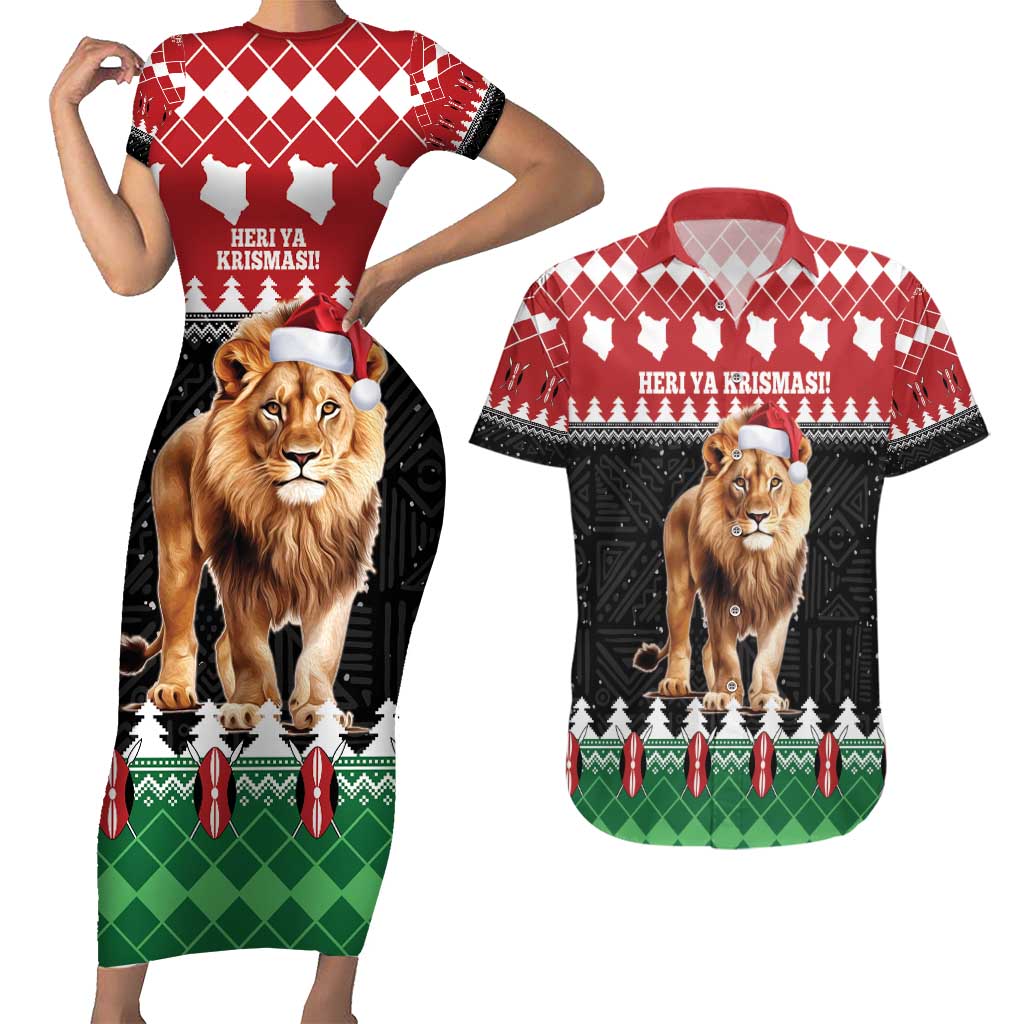 Personalized Kenya Christmas Couples Matching Short Sleeve Bodycon Dress and Hawaiian Shirt Lion Santa - Heri Ya Krismasi! - Wonder Print Shop