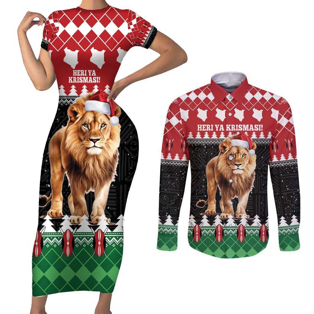 Personalized Kenya Christmas Couples Matching Short Sleeve Bodycon Dress and Long Sleeve Button Shirt Lion Santa - Heri Ya Krismasi! - Wonder Print Shop