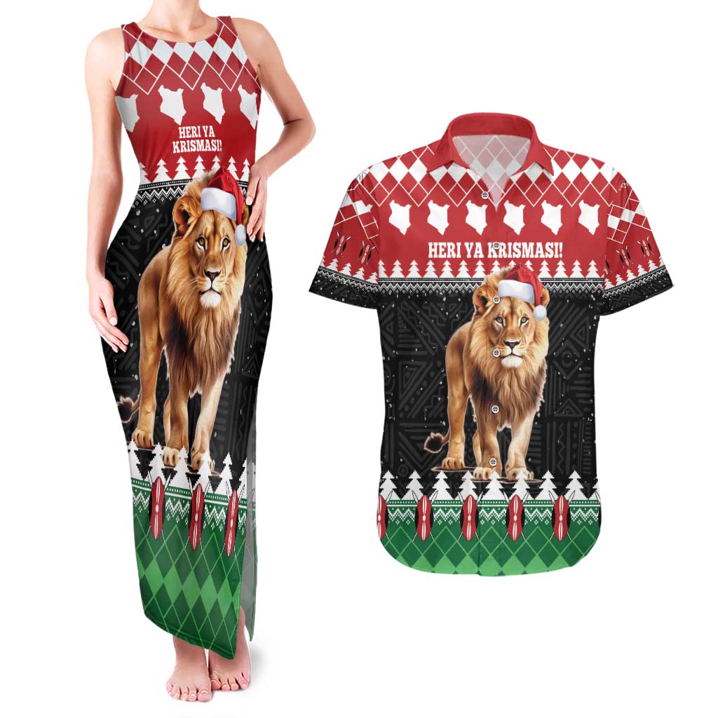 Personalized Kenya Christmas Couples Matching Tank Maxi Dress and Hawaiian Shirt Lion Santa - Heri Ya Krismasi! - Wonder Print Shop