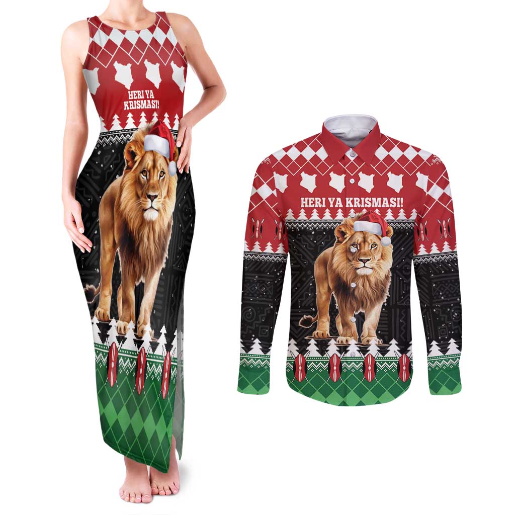 Personalized Kenya Christmas Couples Matching Tank Maxi Dress and Long Sleeve Button Shirt Lion Santa - Heri Ya Krismasi! - Wonder Print Shop