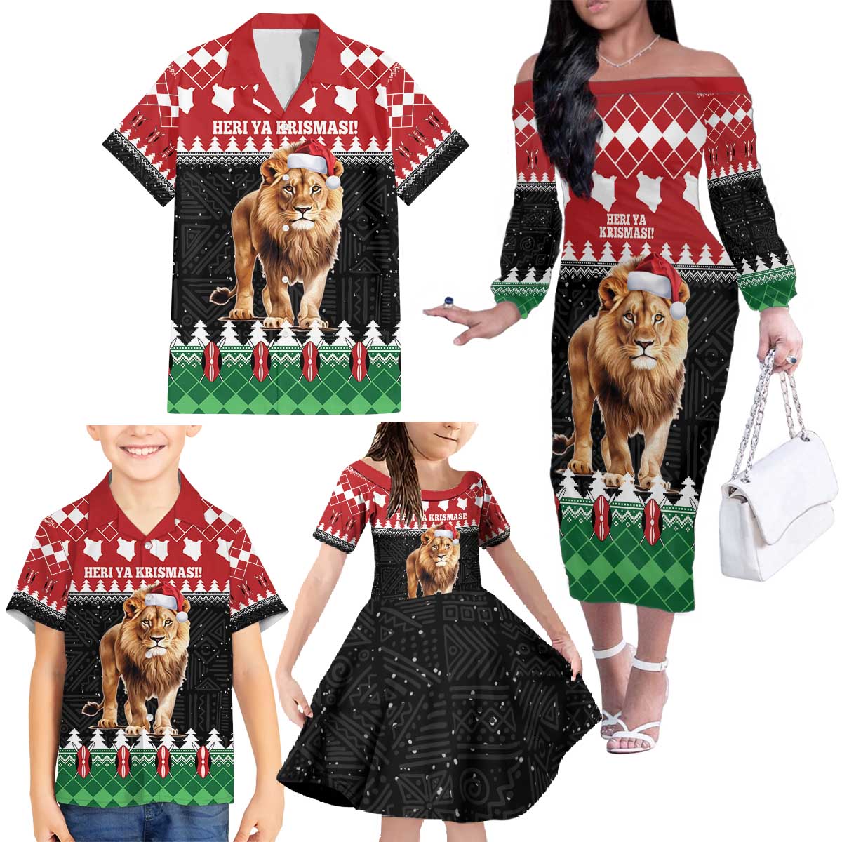 Personalized Kenya Christmas Family Matching Off The Shoulder Long Sleeve Dress and Hawaiian Shirt Lion Santa - Heri Ya Krismasi! - Wonder Print Shop