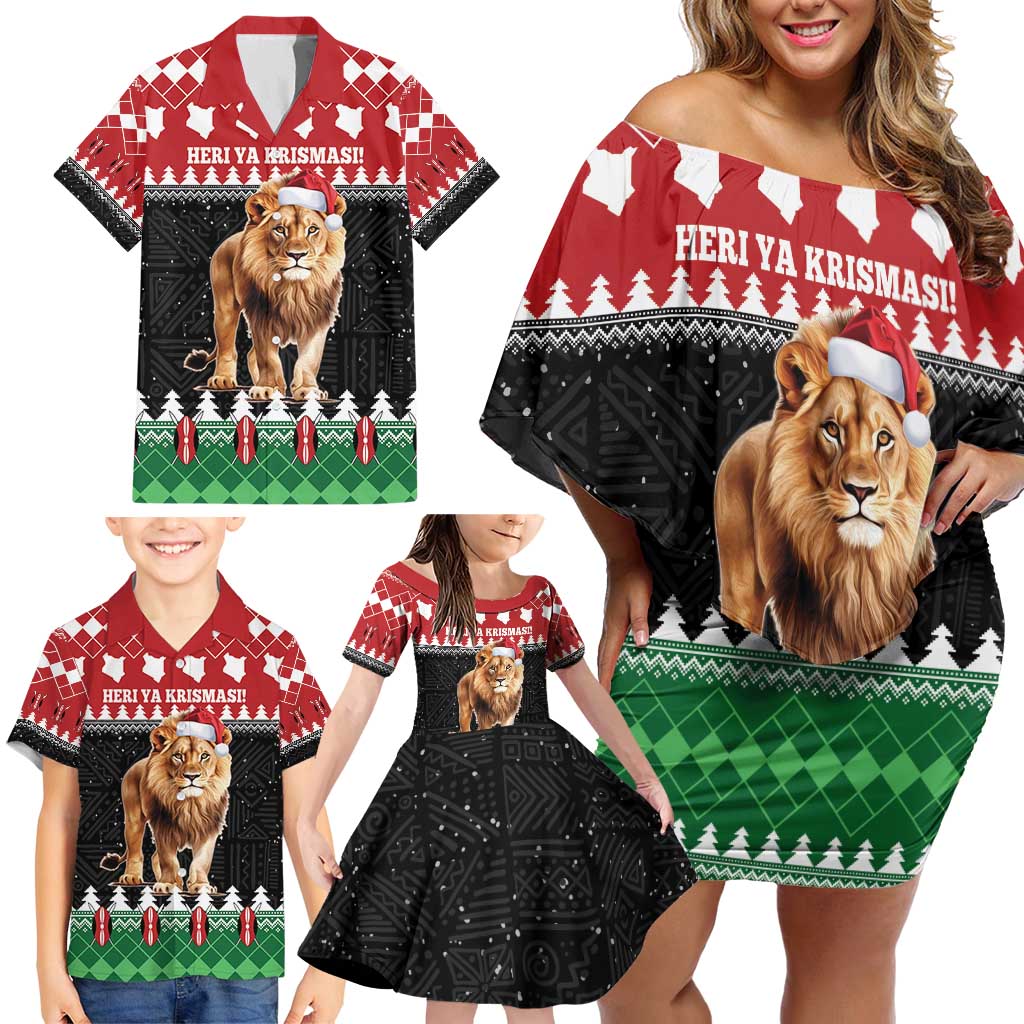 Personalized Kenya Christmas Family Matching Off Shoulder Short Dress and Hawaiian Shirt Lion Santa - Heri Ya Krismasi! - Wonder Print Shop