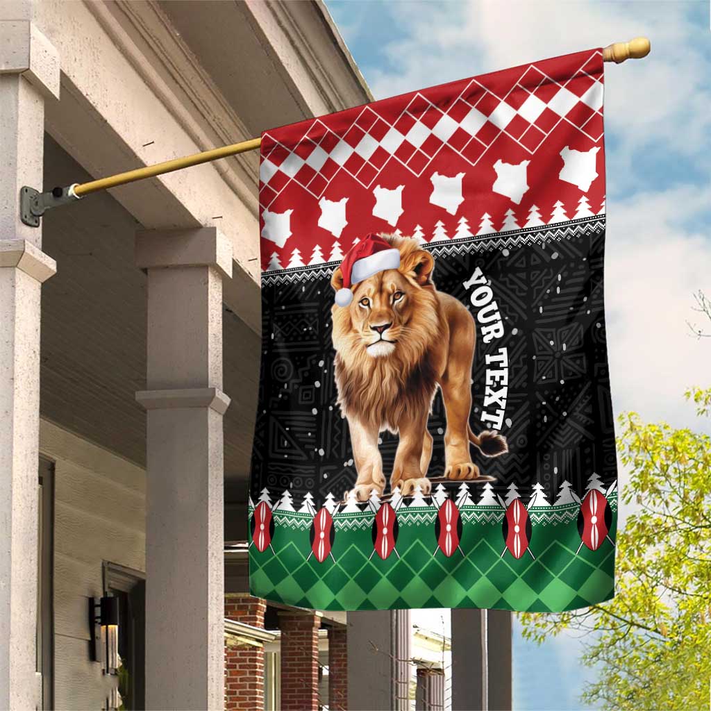 Personalized Kenya Christmas garden flag with lion Santa, red checkered top and 'Your Text' strip