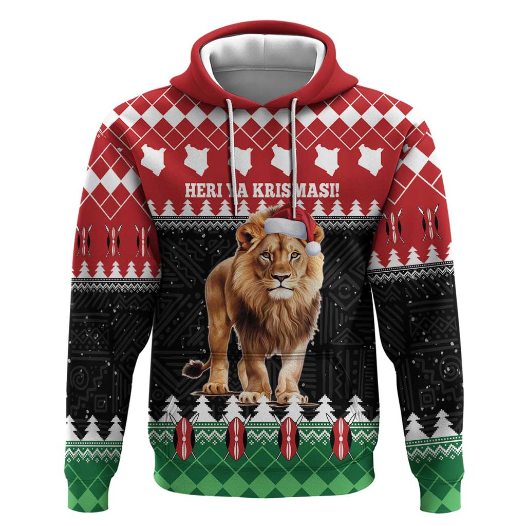 Red pullover hoodie with lion wearing Santa hat and festive Christmas pattern front