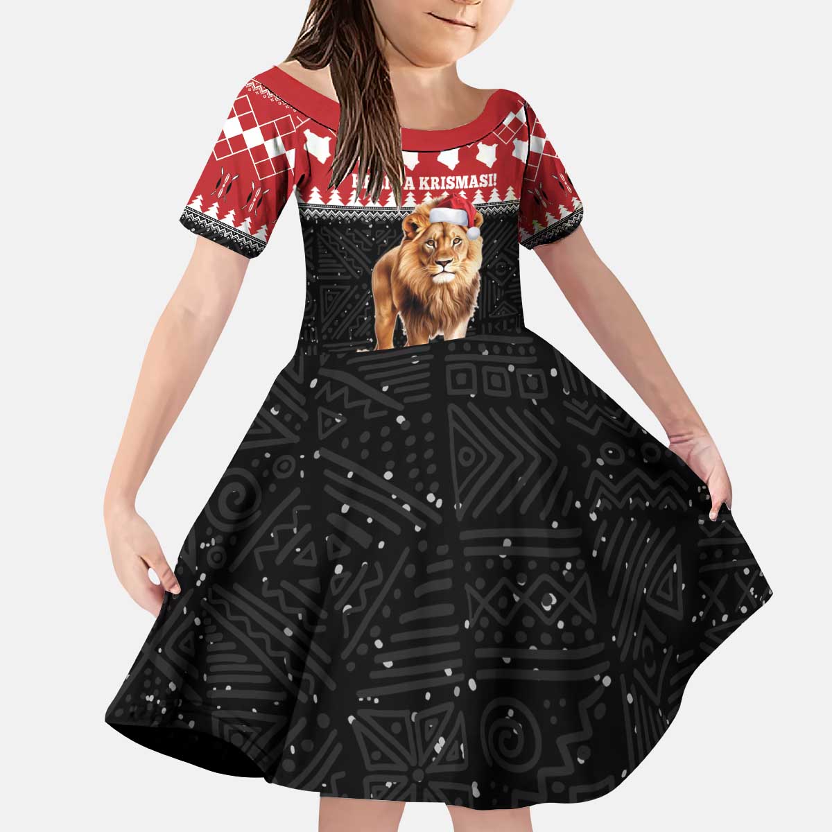 Personalized Kenya Christmas Kid Short Sleeve Dress Lion Santa - Heri Ya Krismasi! - Wonder Print Shop