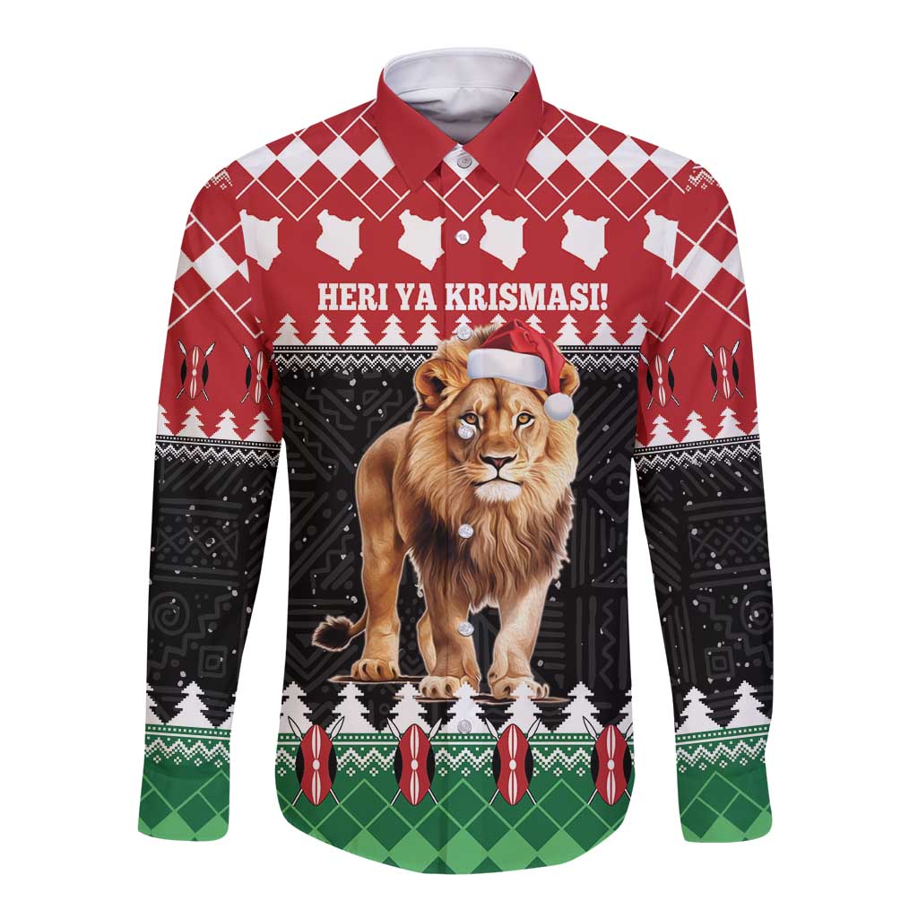 Unisex long-sleeve button shirt, red with lion in Santa hat and festive pattern