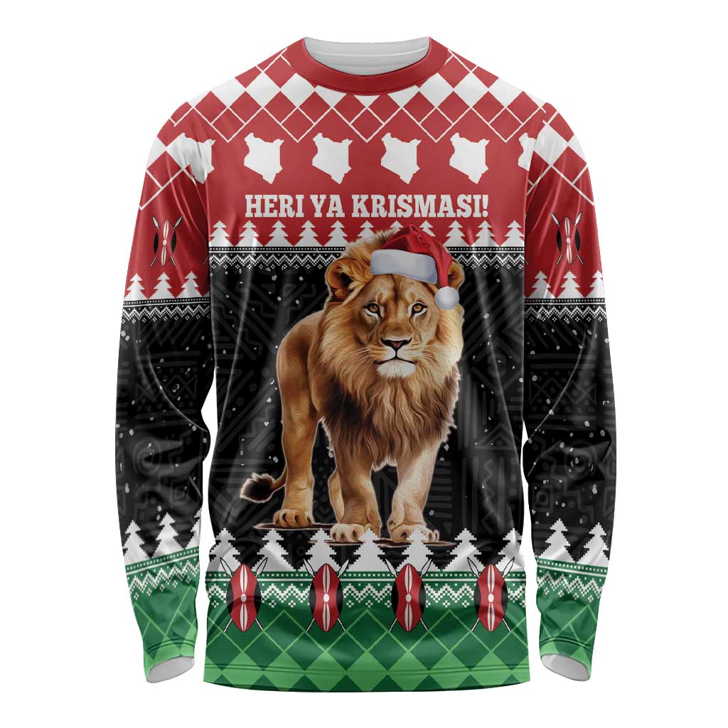 Unisex long-sleeve Christmas shirt with lion in Santa hat and holiday text, red black green