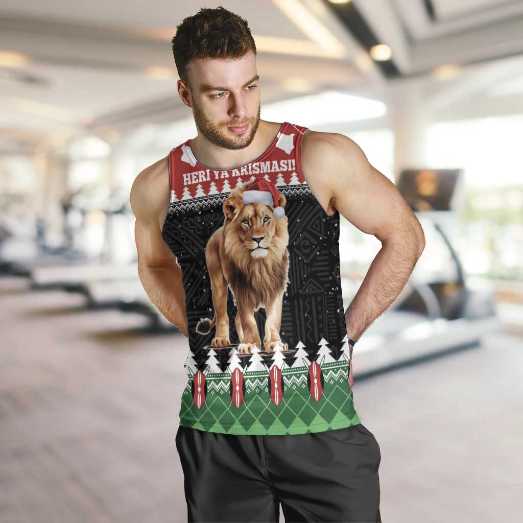 Men's red and black Christmas lion tank top with Santa hat graphic