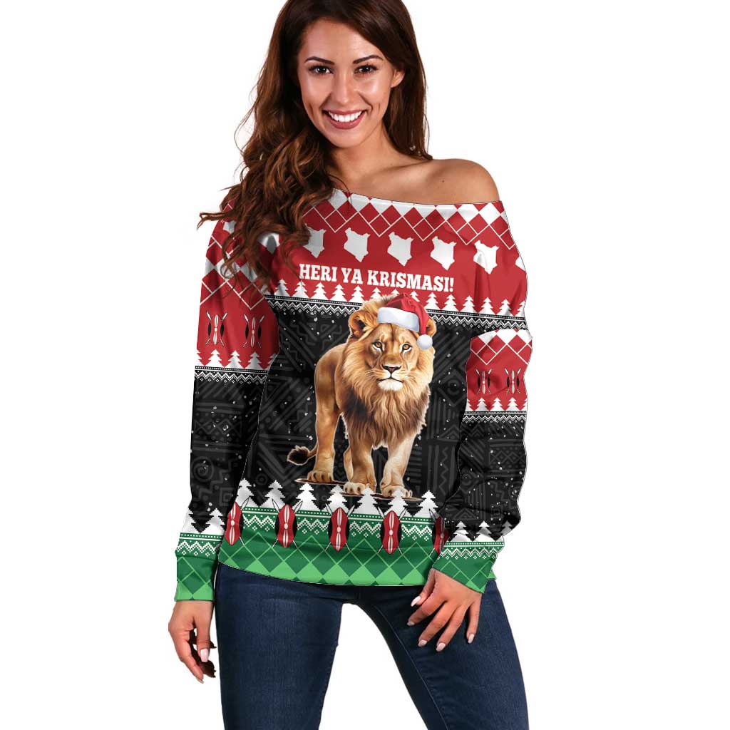 Women’s red off-shoulder sweater with lion Santa graphic and festive fairisle bands