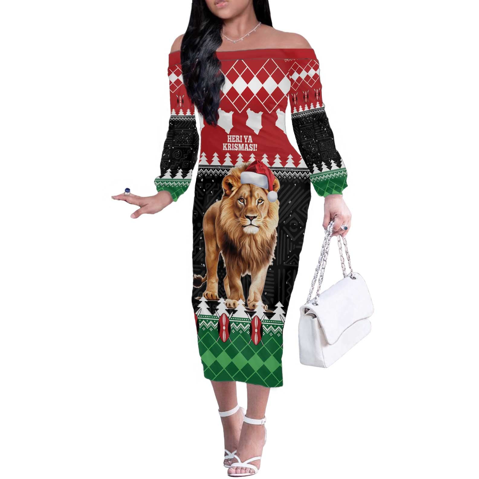 Personalized Kenya Christmas Off The Shoulder Long Sleeve Dress Lion Santa - Heri Ya Krismasi! - Wonder Print Shop