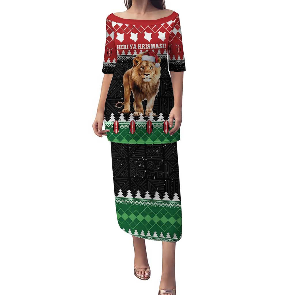Long red, black and green festive dress with lion wearing Santa hat graphic