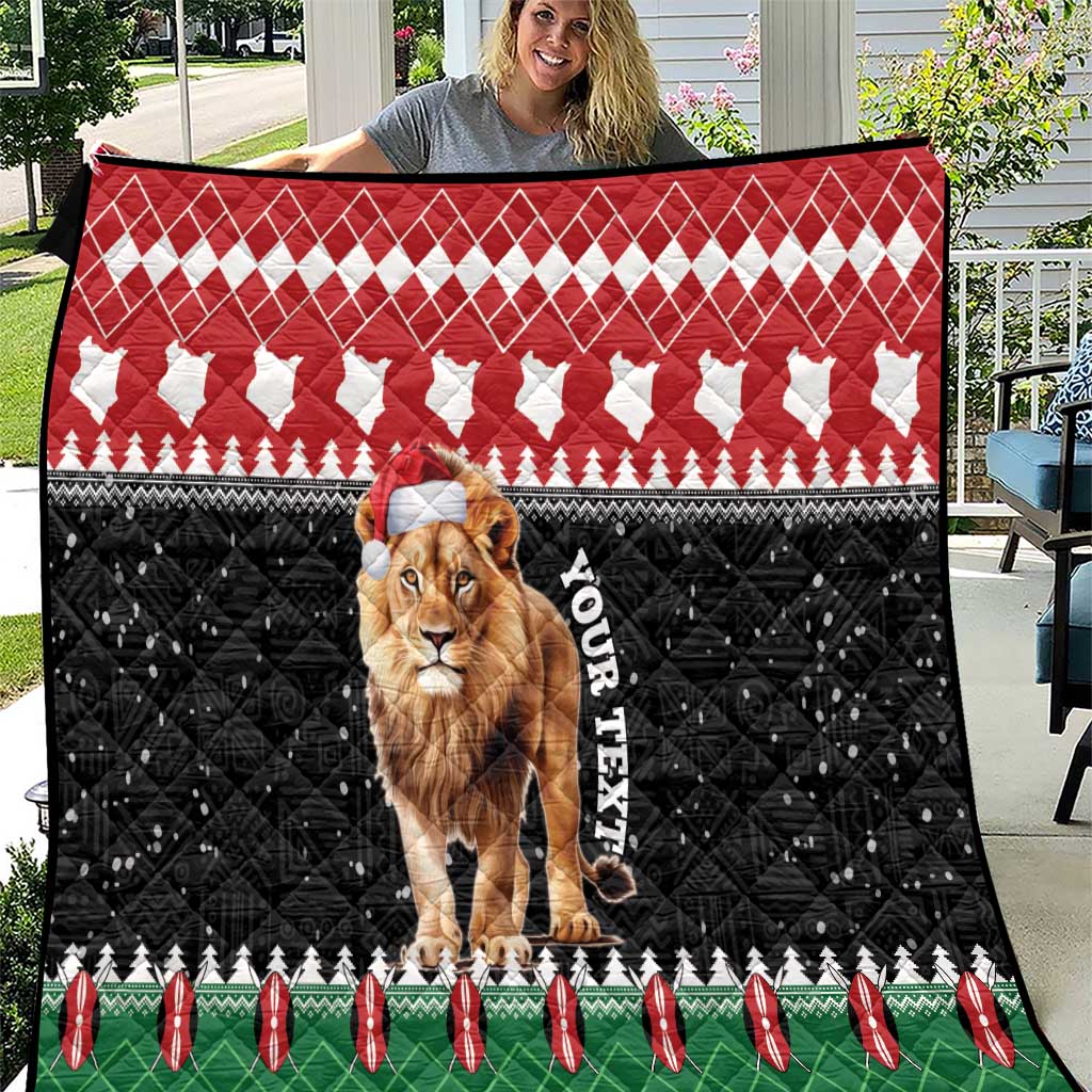 Personalized Christmas quilt with lion wearing Santa hat, red diamond top and green border.