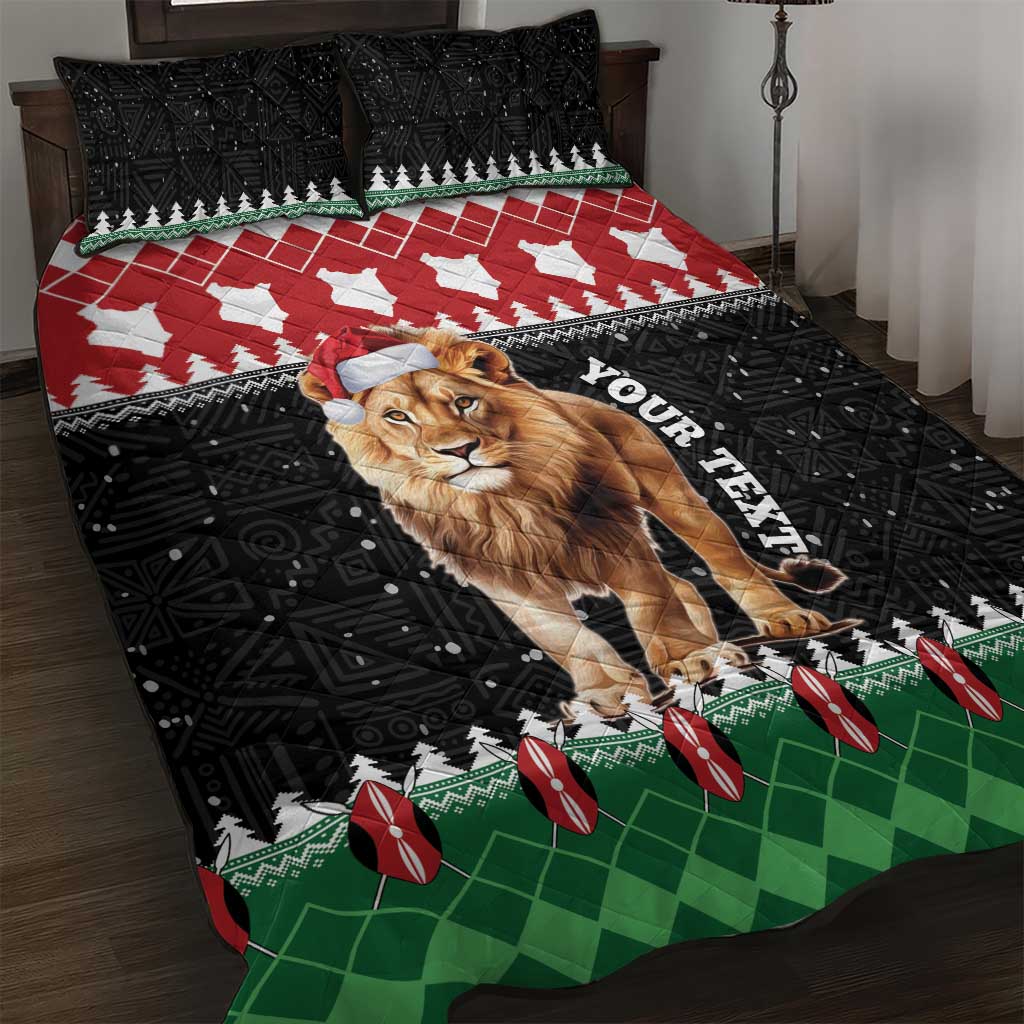 Personalized quilt bed set with lion Santa graphic, black pattern, red top, green check accents
