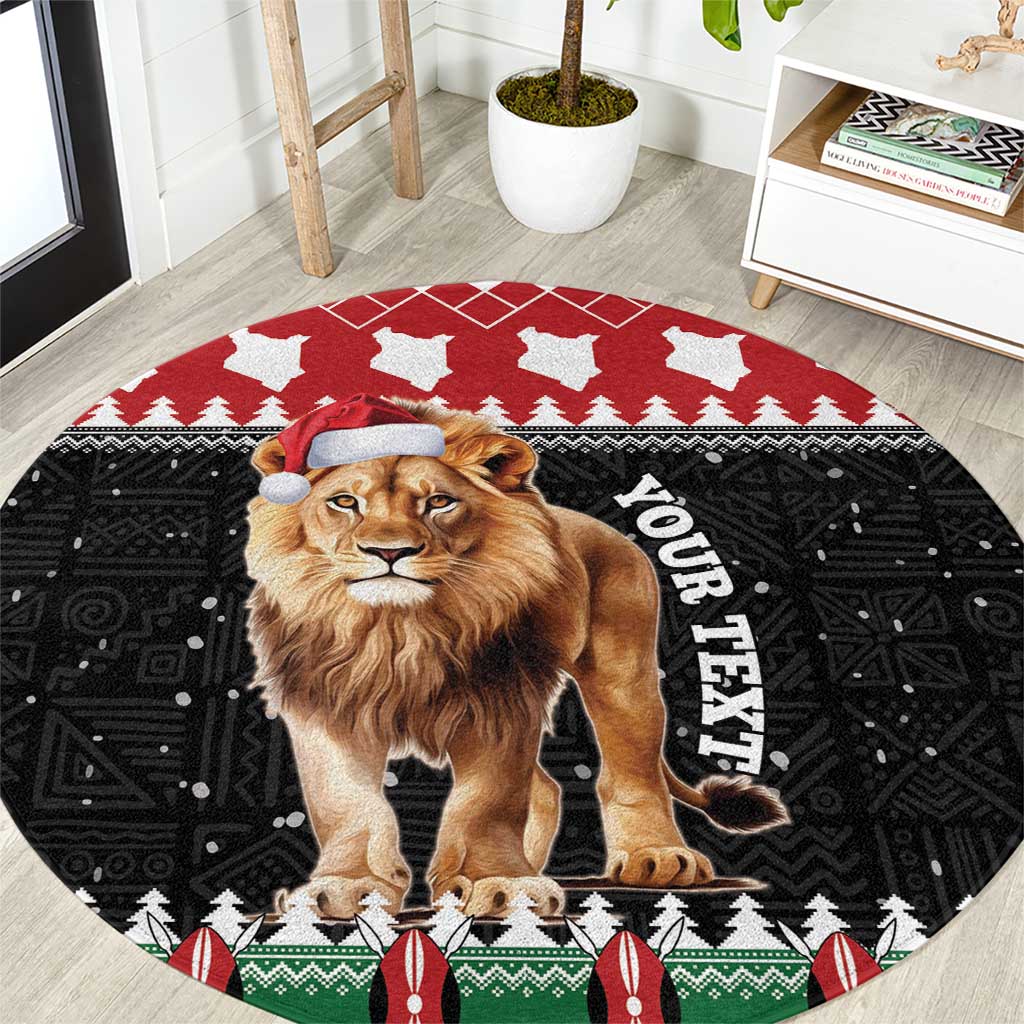 Round Christmas rug with lion Santa print, red top, black center, green trim.