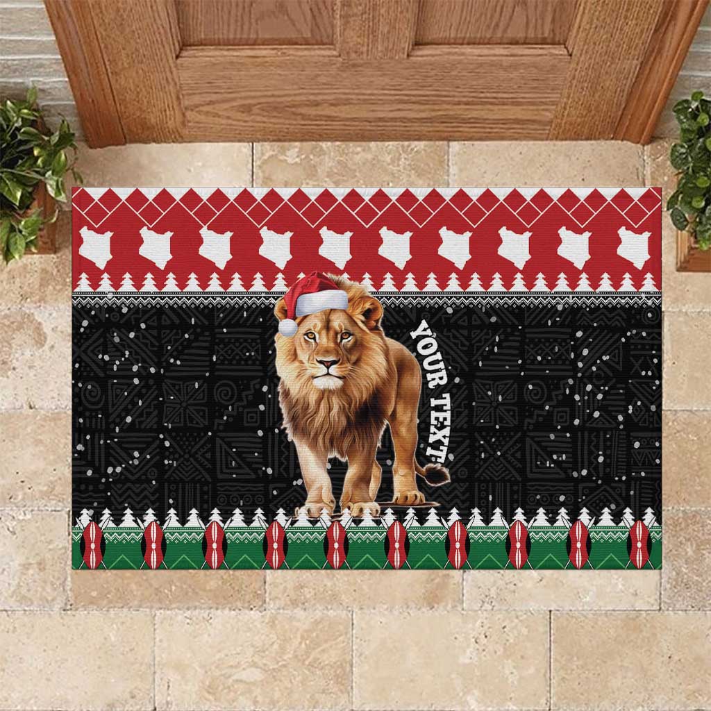 Personalized rubber doormat with lion in Santa hat and holiday pattern, Your Text banner