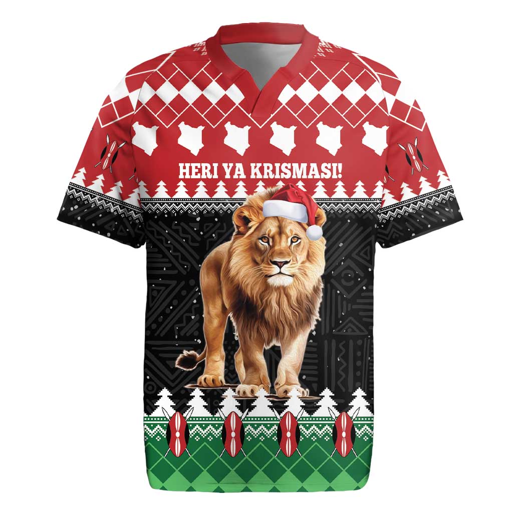 Personalized Kenya Christmas Rugby Jersey Lion Santa - Heri Ya Krismasi! - Wonder Print Shop