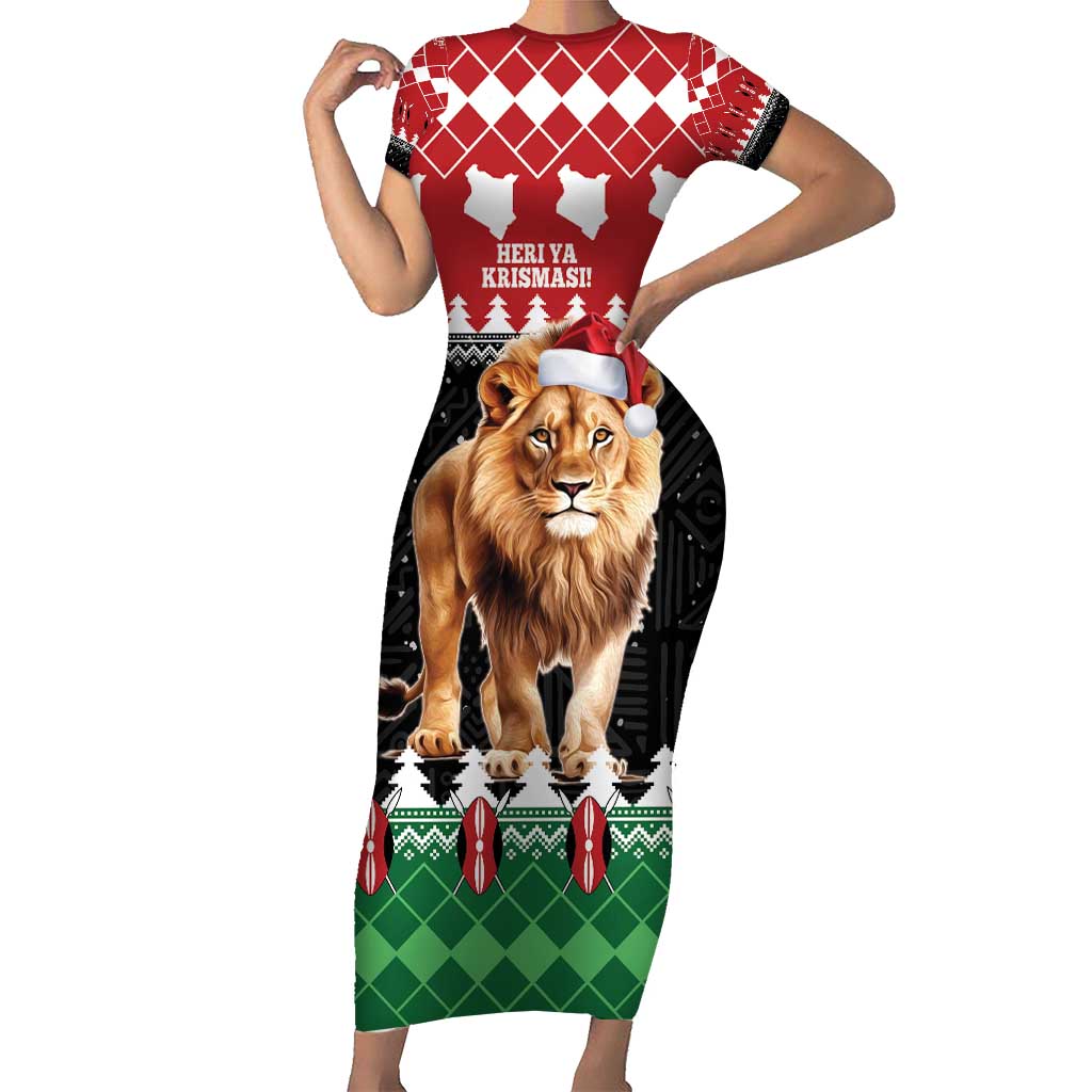 Personalized Kenya Christmas Short Sleeve Bodycon Dress Lion Santa - Heri Ya Krismasi! - Wonder Print Shop