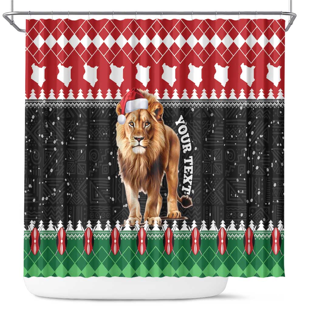 Christmas shower curtain with lion wearing Santa hat, red and green festive pattern