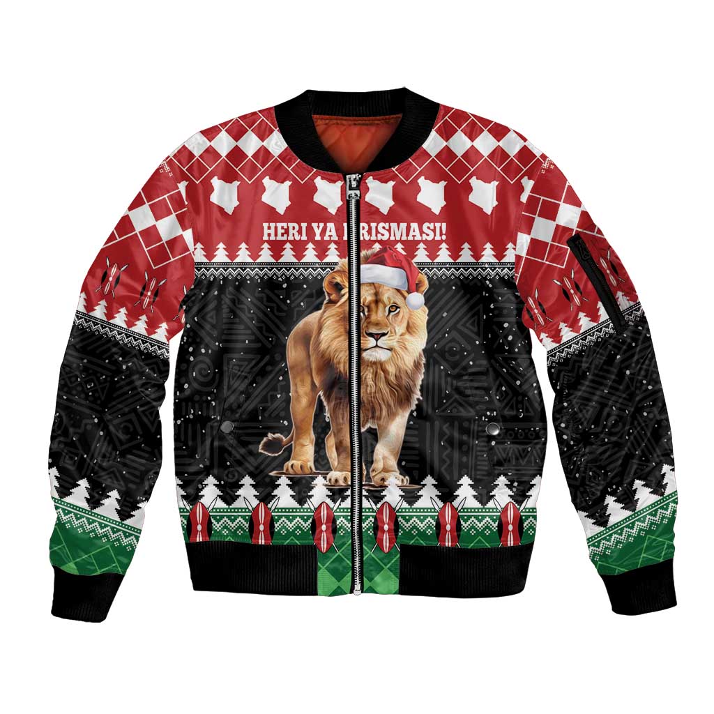 Red zip-up bomber jacket with black ribbed cuffs and lion Santa Christmas graphic