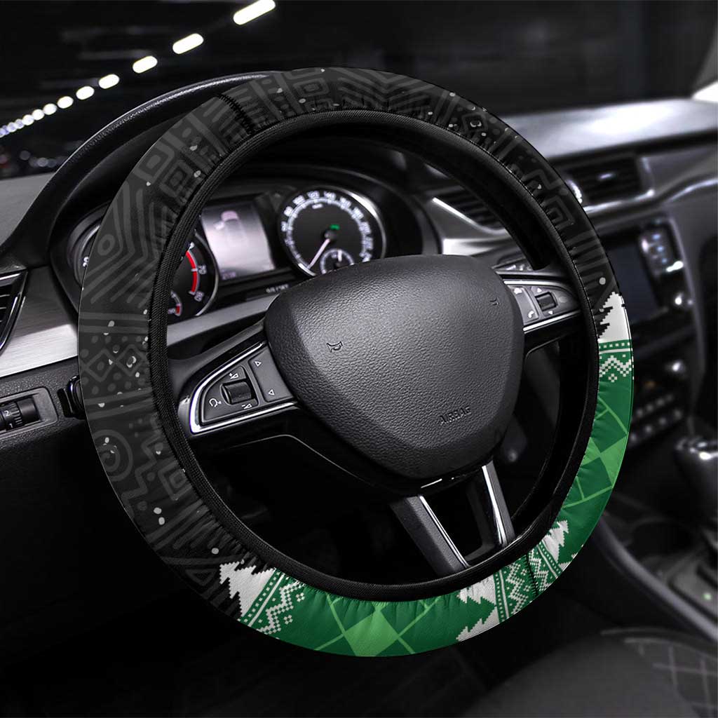 Black steering wheel cover with green holiday band and white tree pattern
