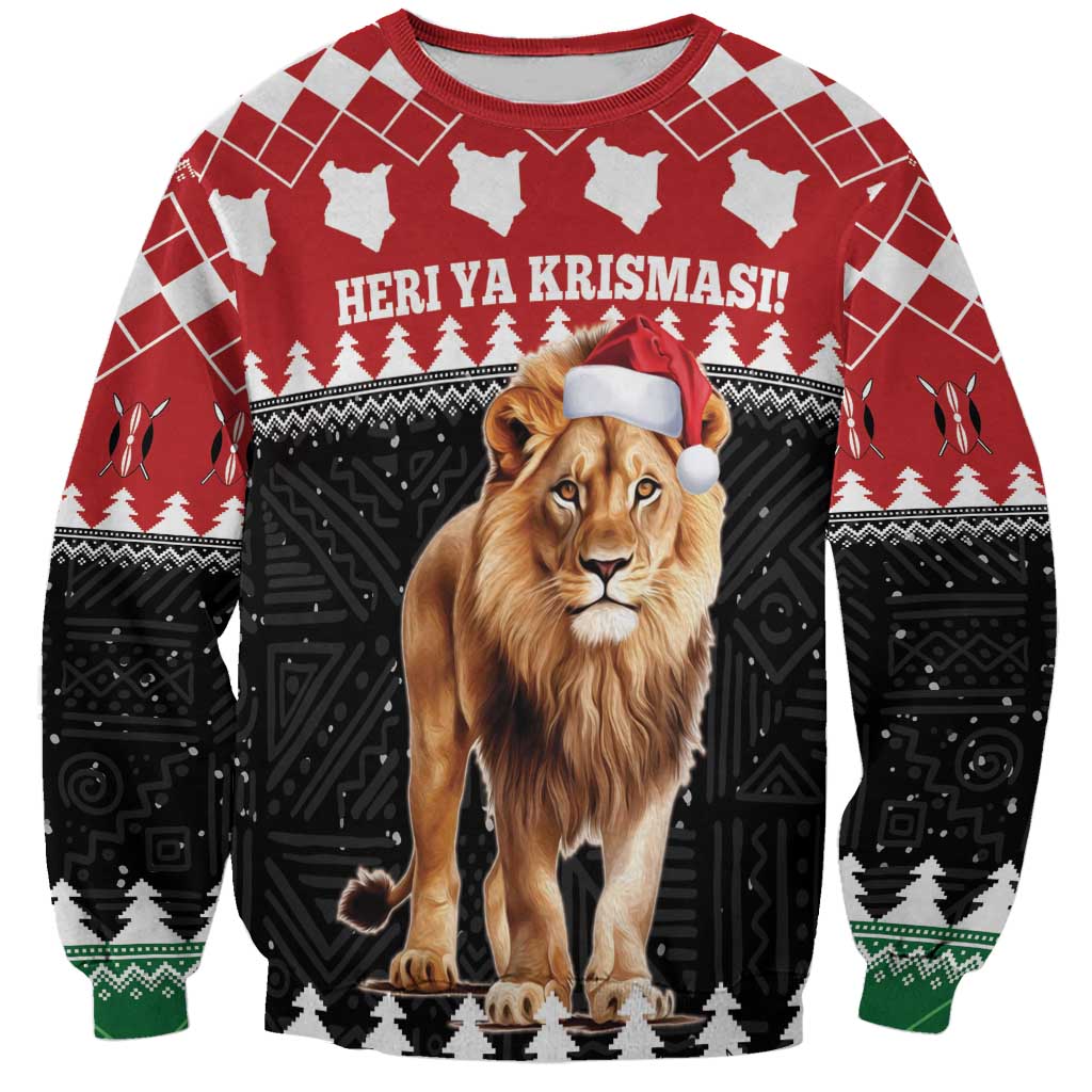 Red Christmas sweatshirt with lion wearing Santa hat and patterned festive graphics